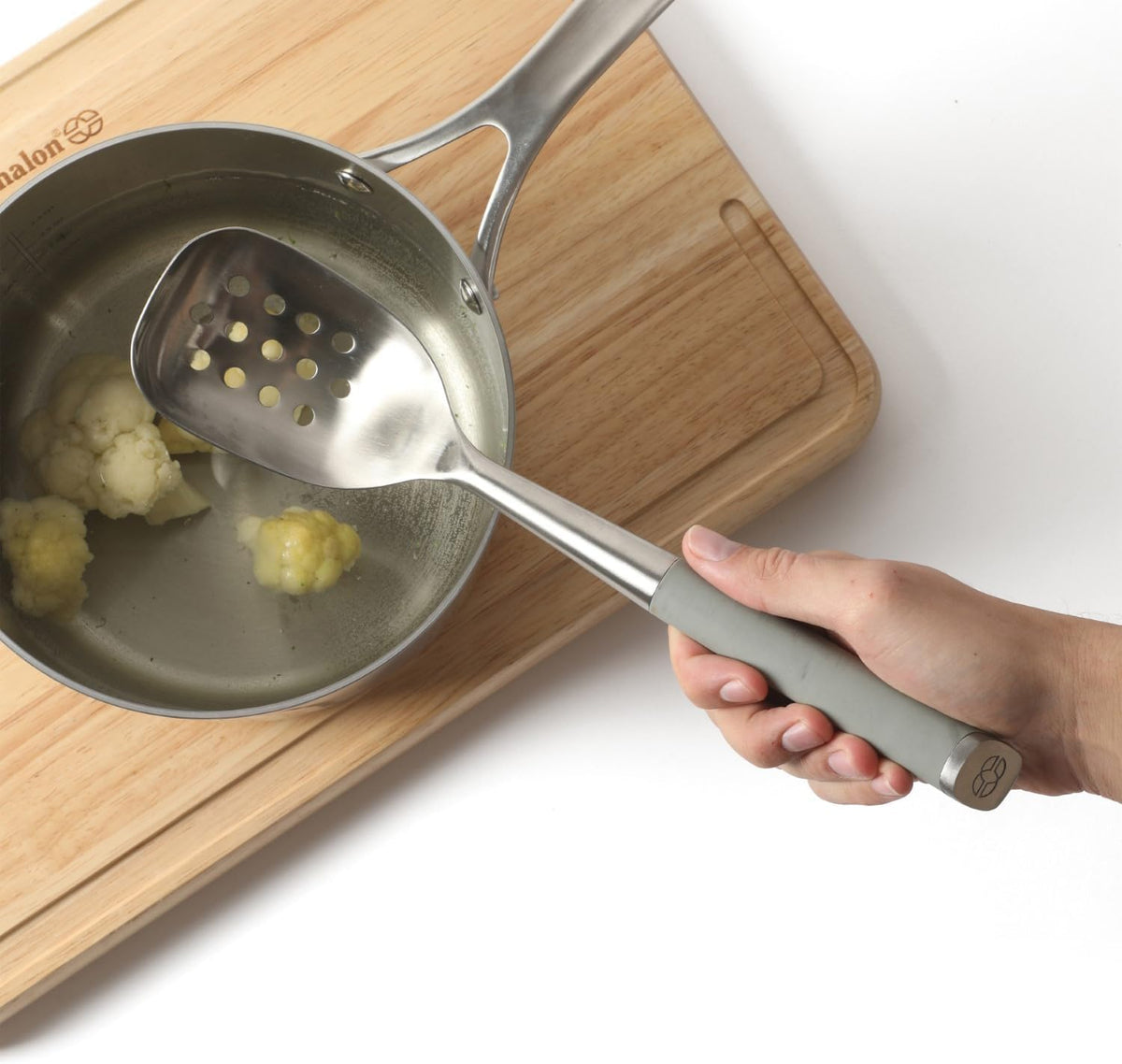 Edge Stainless Steel Slotted Spoon/Skimmer, Kitchen Strainer Spoon, Skimmer with Silicone Heat Resistance Handle, Slotted Cooking Tool for Draining and Skimming (Blue)