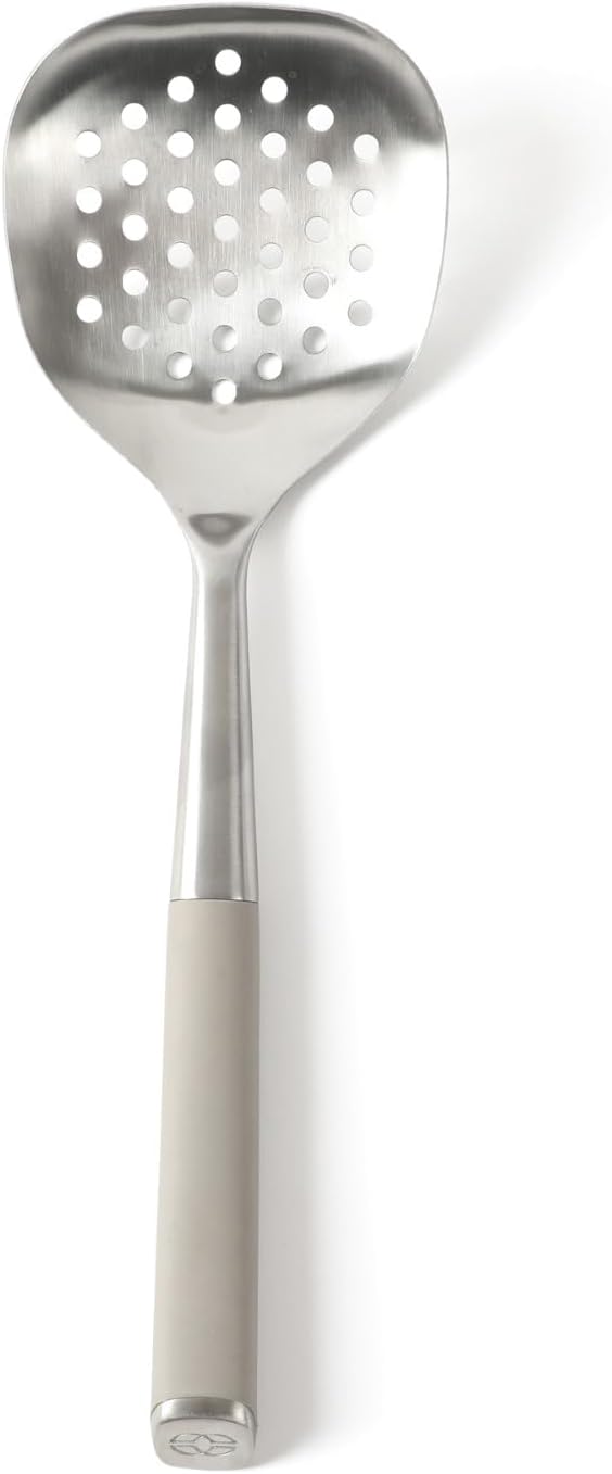 Edge Stainless Steel Slotted Spoon/Skimmer, Kitchen Strainer Spoon, Skimmer with Silicone Heat Resistance Handle, Slotted Cooking Tool for Draining and Skimming (Blue)