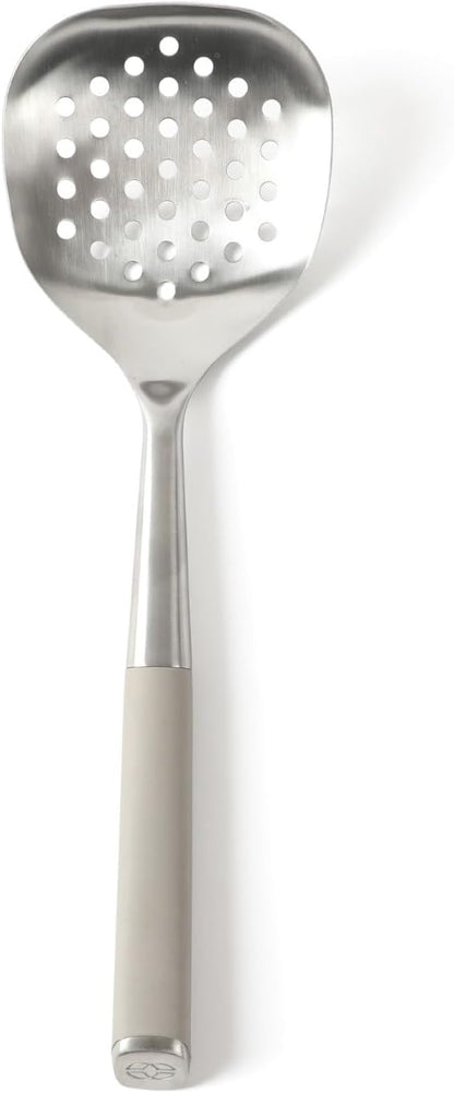 Edge Stainless Steel Slotted Spoon/Skimmer, Kitchen Strainer Spoon, Skimmer with Silicone Heat Resistance Handle, Slotted Cooking Tool for Draining and Skimming (Blue)