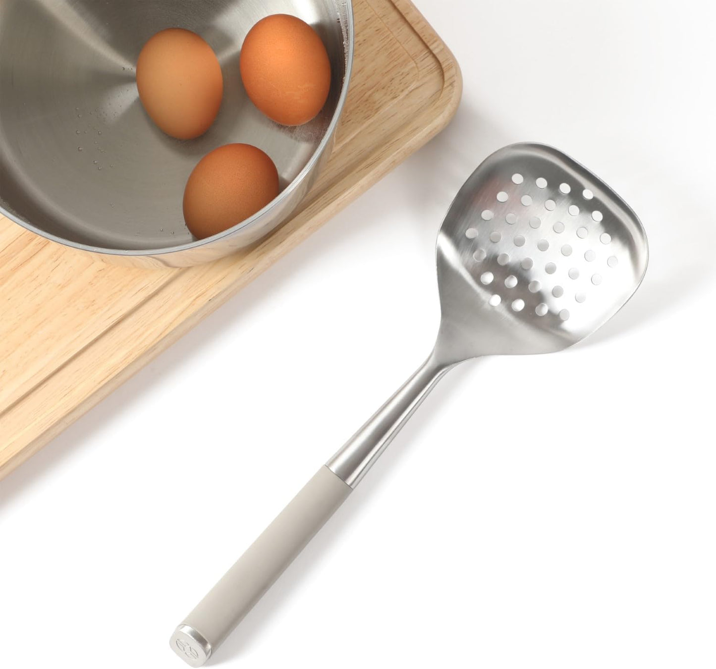 Edge Stainless Steel Slotted Spoon/Skimmer, Kitchen Strainer Spoon, Skimmer with Silicone Heat Resistance Handle, Slotted Cooking Tool for Draining and Skimming (Blue)