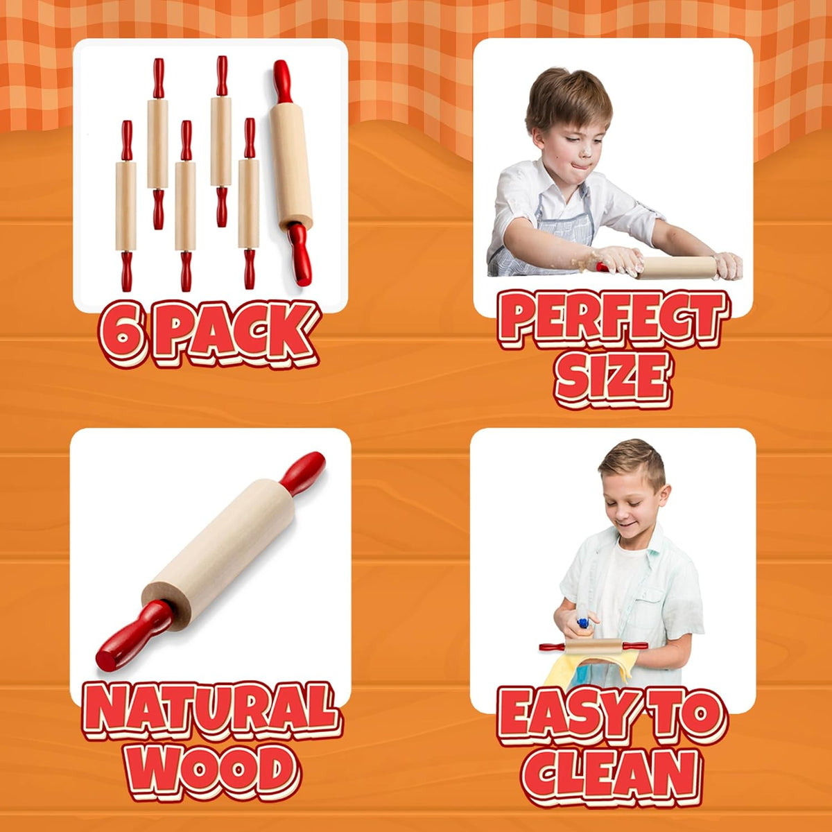 7.5 Inch Mini Wooden Rolling Pins (6-Pack) Kids Play Dough Rolling Pin Set