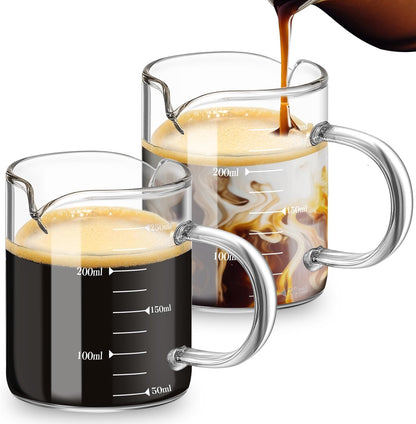2 Pcs 8oz/250ml Espresso Cups, Glass Measuring Cups with Double Spouts & Handle, Scale Espresso Shot Glass Milk Frothing Cup Coffee Accessories for Machines, Milk Frother, and Bars