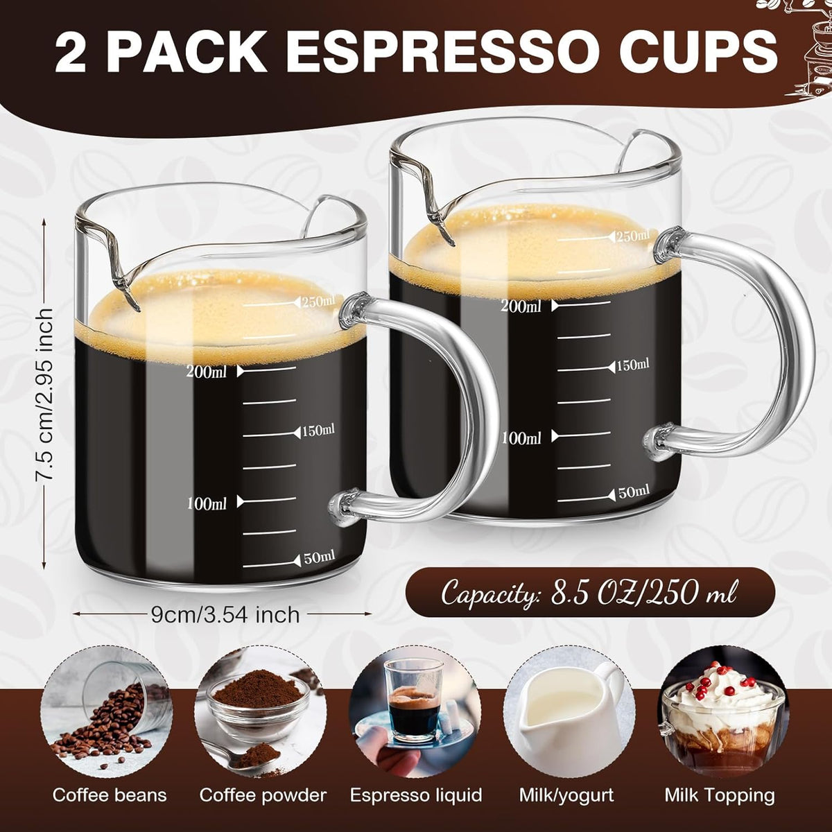 2 Pcs 8oz/250ml Espresso Cups, Glass Measuring Cups with Double Spouts & Handle, Scale Espresso Shot Glass Milk Frothing Cup Coffee Accessories for Machines, Milk Frother, and Bars