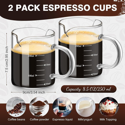2 Pcs 8oz/250ml Espresso Cups, Glass Measuring Cups with Double Spouts & Handle, Scale Espresso Shot Glass Milk Frothing Cup Coffee Accessories for Machines, Milk Frother, and Bars