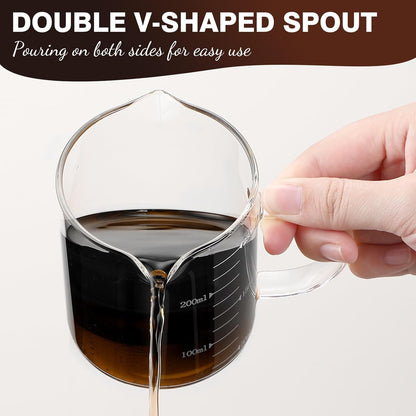 2 Pcs 8oz/250ml Espresso Cups, Glass Measuring Cups with Double Spouts & Handle, Scale Espresso Shot Glass Milk Frothing Cup Coffee Accessories for Machines, Milk Frother, and Bars