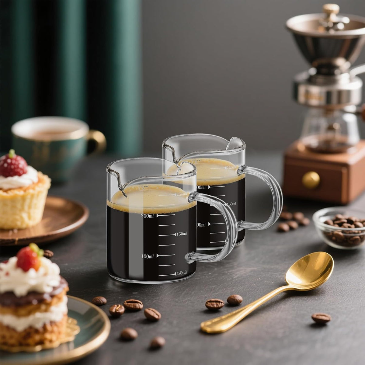 2 Pcs 8oz/250ml Espresso Cups, Glass Measuring Cups with Double Spouts & Handle, Scale Espresso Shot Glass Milk Frothing Cup Coffee Accessories for Machines, Milk Frother, and Bars