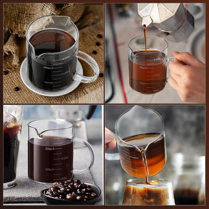 2 Pcs 8oz/250ml Espresso Cups, Glass Measuring Cups with Double Spouts & Handle, Scale Espresso Shot Glass Milk Frothing Cup Coffee Accessories for Machines, Milk Frother, and Bars
