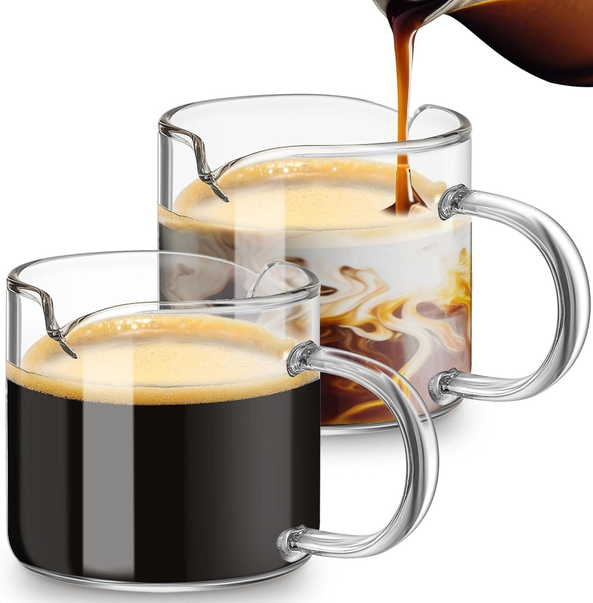 2 Pcs 8oz/250ml Espresso Cups, Glass Measuring Cups with Double Spouts & Handle, Scale Espresso Shot Glass Milk Frothing Cup Coffee Accessories for Machines, Milk Frother, and Bars