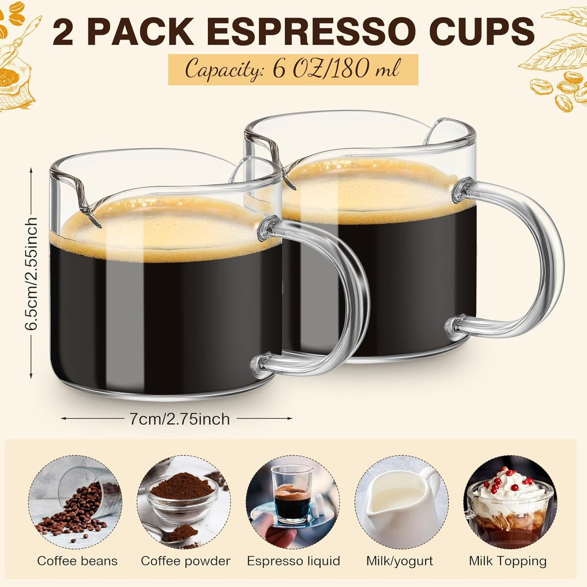 2 Pcs 8oz/250ml Espresso Cups, Glass Measuring Cups with Double Spouts & Handle, Scale Espresso Shot Glass Milk Frothing Cup Coffee Accessories for Machines, Milk Frother, and Bars