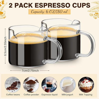 2 Pcs 8oz/250ml Espresso Cups, Glass Measuring Cups with Double Spouts & Handle, Scale Espresso Shot Glass Milk Frothing Cup Coffee Accessories for Machines, Milk Frother, and Bars