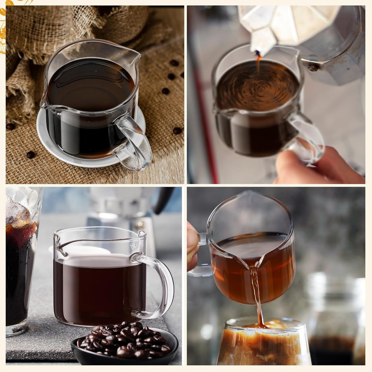 2 Pcs 8oz/250ml Espresso Cups, Glass Measuring Cups with Double Spouts & Handle, Scale Espresso Shot Glass Milk Frothing Cup Coffee Accessories for Machines, Milk Frother, and Bars
