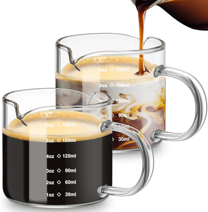2 Pcs 8oz/250ml Espresso Cups, Glass Measuring Cups with Double Spouts & Handle, Scale Espresso Shot Glass Milk Frothing Cup Coffee Accessories for Machines, Milk Frother, and Bars