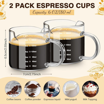 2 Pcs 8oz/250ml Espresso Cups, Glass Measuring Cups with Double Spouts & Handle, Scale Espresso Shot Glass Milk Frothing Cup Coffee Accessories for Machines, Milk Frother, and Bars