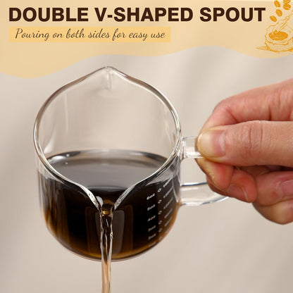 2 Pcs 8oz/250ml Espresso Cups, Glass Measuring Cups with Double Spouts & Handle, Scale Espresso Shot Glass Milk Frothing Cup Coffee Accessories for Machines, Milk Frother, and Bars