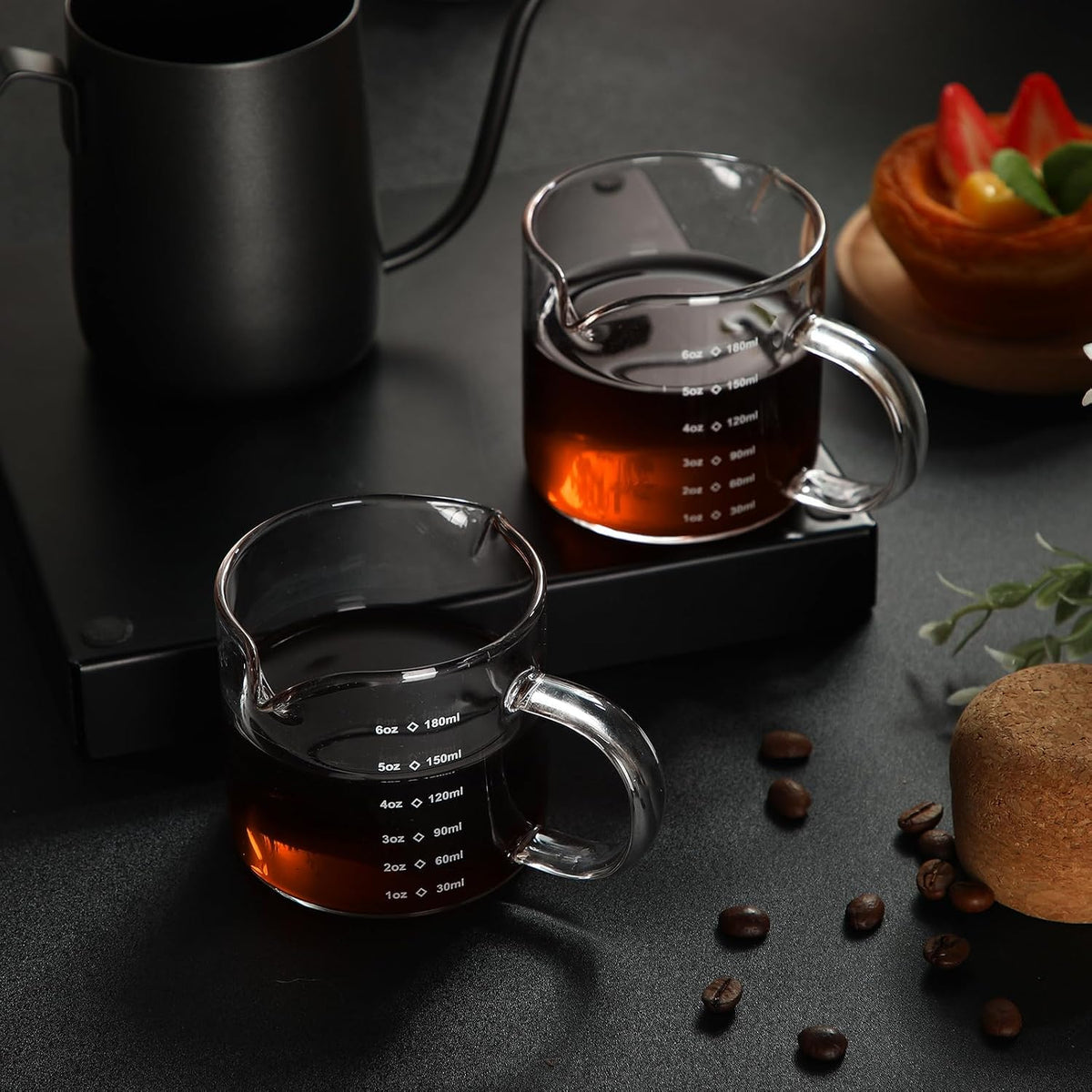 2 Pcs 8oz/250ml Espresso Cups, Glass Measuring Cups with Double Spouts & Handle, Scale Espresso Shot Glass Milk Frothing Cup Coffee Accessories for Machines, Milk Frother, and Bars