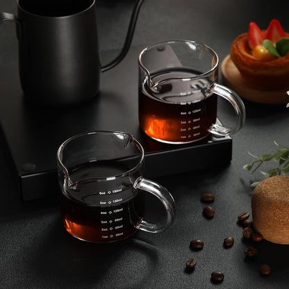 2 Pcs 8oz/250ml Espresso Cups, Glass Measuring Cups with Double Spouts & Handle, Scale Espresso Shot Glass Milk Frothing Cup Coffee Accessories for Machines, Milk Frother, and Bars