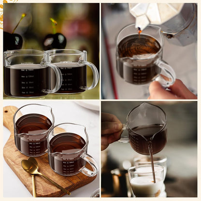 2 Pcs 8oz/250ml Espresso Cups, Glass Measuring Cups with Double Spouts & Handle, Scale Espresso Shot Glass Milk Frothing Cup Coffee Accessories for Machines, Milk Frother, and Bars
