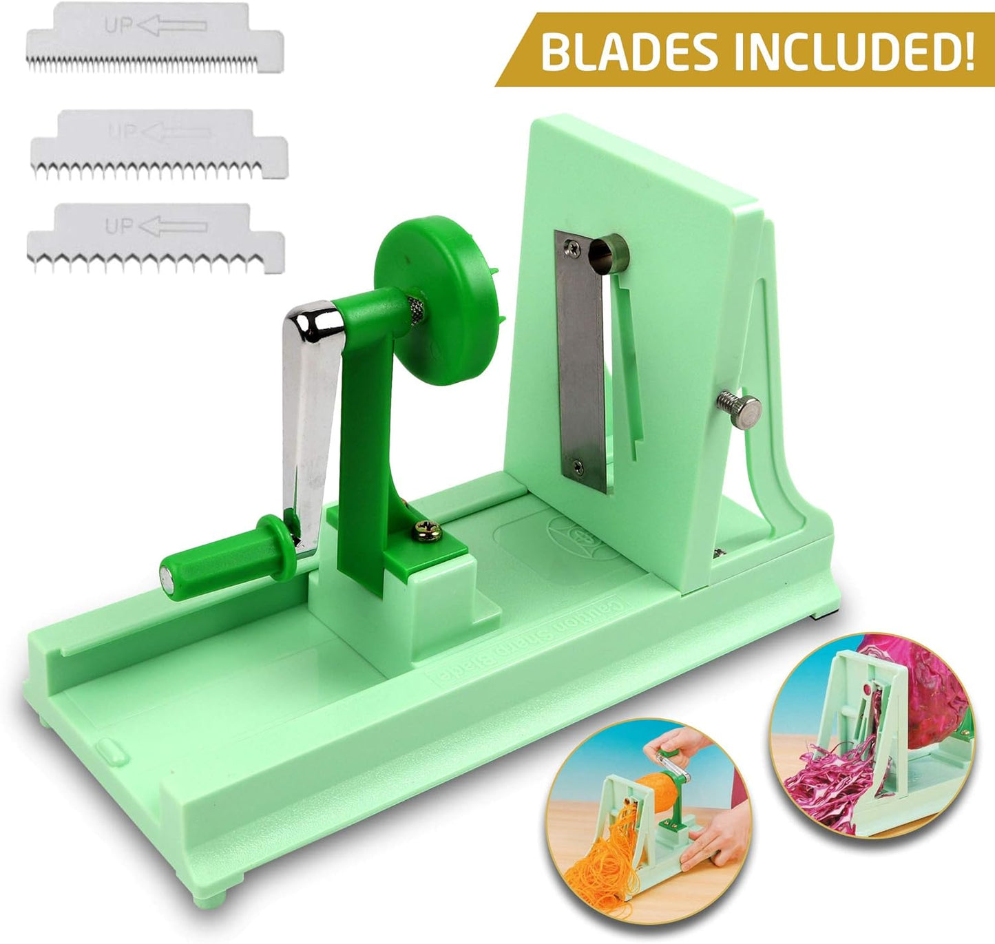 Vegetable Spiralizer with 4 Blades Straight and Serrated | Includes 1 straight-edged and 3 serrated blades. Spiralizes zucchini, squash, and butternut squash into fresh veggie noodles.