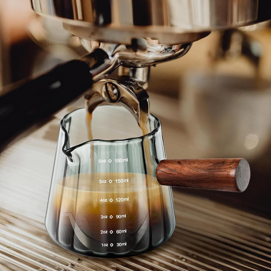 Joeyan 6 oz Grey Glass Measuring Cups with Spout,Borosilicate Glass Triple Pitcher with Scale,Origami Style Espresso Shot Glasses with Wood Handle for Coffee Milk,Dishwasher Safe