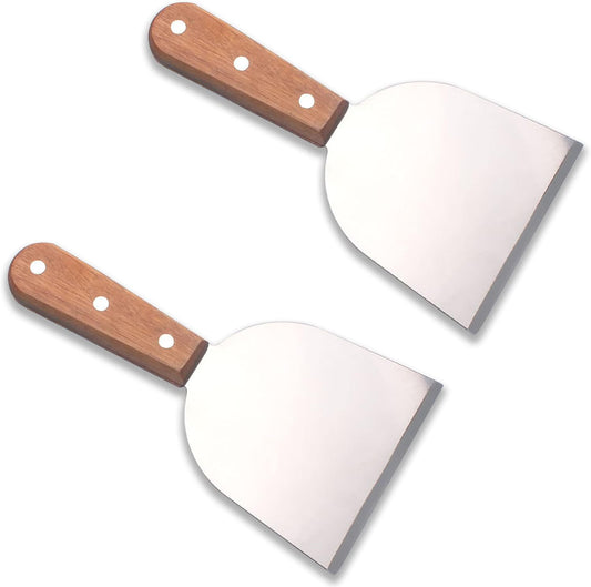 Grill Scraper for Griddle- 2pcs Stainless Steel Slant Grill Spatula Scraper Diner Flat Straight Blade with Riveted Wooden Handle for Teppanyaki, BBQ, Dough Pancake and Pizza