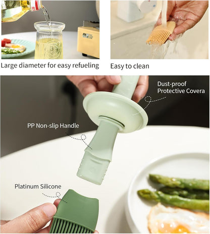 Oil Dispenser with Brush - Glass Olive Oil Dispenser for Kitchen, 3 IN 1 Oil Dispenser Bottle with Silicone Basting Brush for Cooking Vinegar Sauce BBQ Grill Frying (Green)