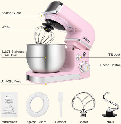 Stand Mixer,3.2Qt Small Electric Food Mixer,6 Speeds Portable Lightweight Kitchen Mixer for Daily Use with Egg Whisk,Dough Hook,Flat Beater (Pink)