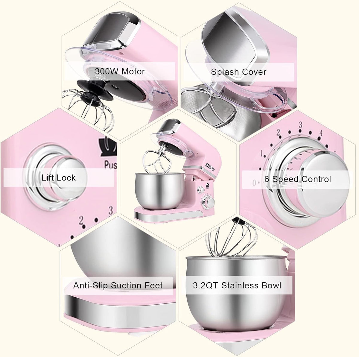 Stand Mixer,3.2Qt Small Electric Food Mixer,6 Speeds Portable Lightweight Kitchen Mixer for Daily Use with Egg Whisk,Dough Hook,Flat Beater (Pink)