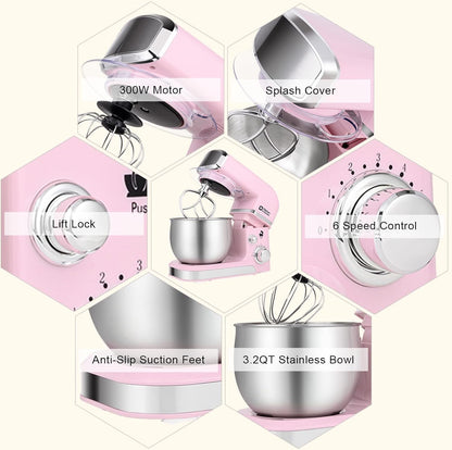 Stand Mixer,3.2Qt Small Electric Food Mixer,6 Speeds Portable Lightweight Kitchen Mixer for Daily Use with Egg Whisk,Dough Hook,Flat Beater (Pink)