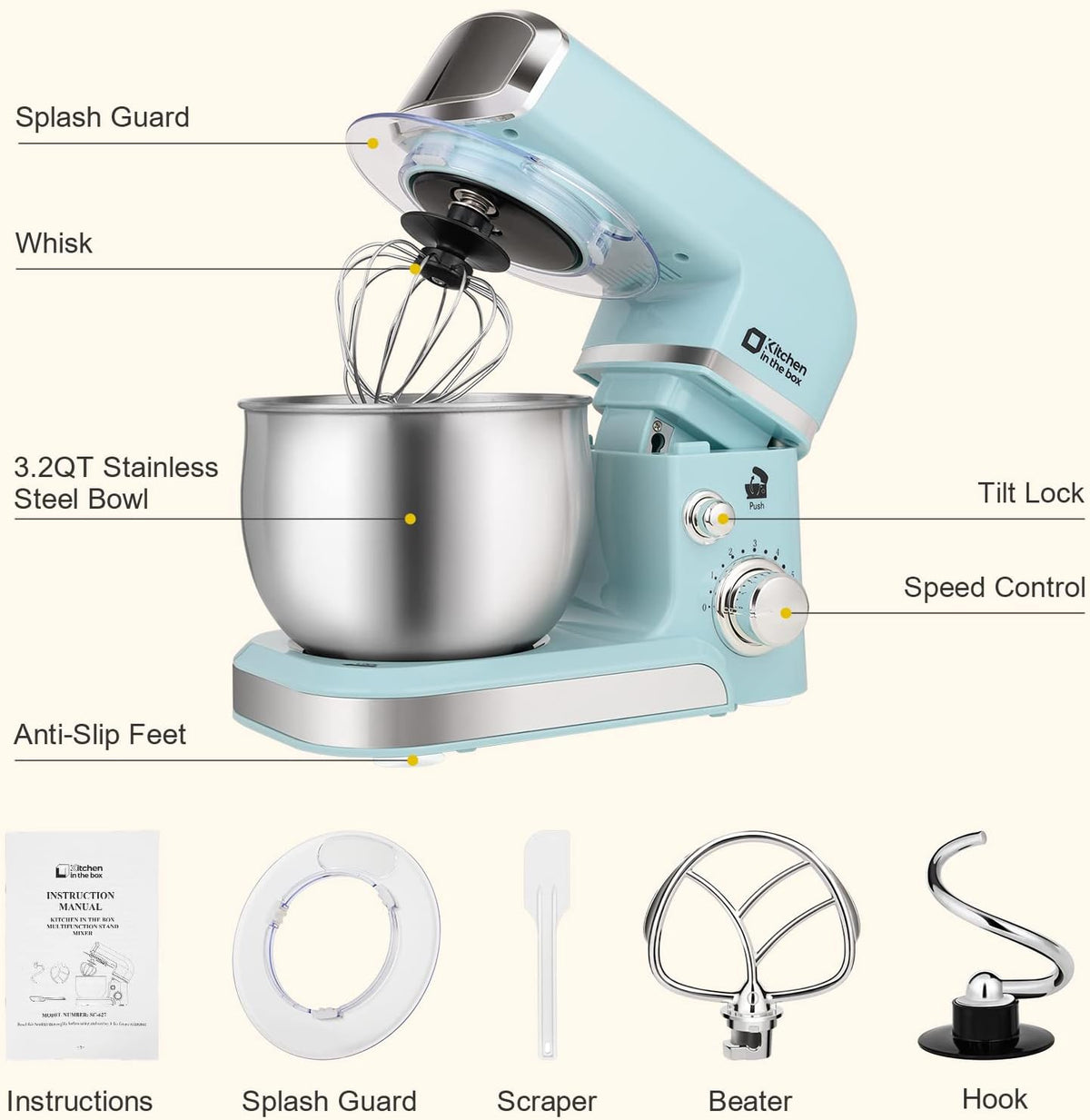 Stand Mixer,3.2Qt Small Electric Food Mixer,6 Speeds Portable Lightweight Kitchen Mixer for Daily Use with Egg Whisk,Dough Hook,Flat Beater (Pink)