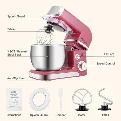 Stand Mixer,3.2Qt Small Electric Food Mixer,6 Speeds Portable Lightweight Kitchen Mixer for Daily Use with Egg Whisk,Dough Hook,Flat Beater (Pink)