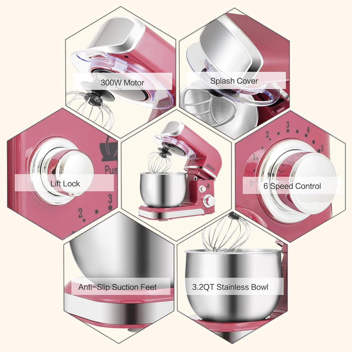 Stand Mixer,3.2Qt Small Electric Food Mixer,6 Speeds Portable Lightweight Kitchen Mixer for Daily Use with Egg Whisk,Dough Hook,Flat Beater (Pink)