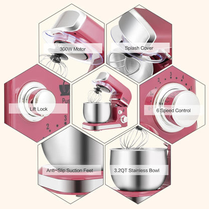 Stand Mixer,3.2Qt Small Electric Food Mixer,6 Speeds Portable Lightweight Kitchen Mixer for Daily Use with Egg Whisk,Dough Hook,Flat Beater (Pink)