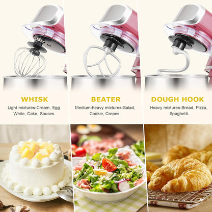 Stand Mixer,3.2Qt Small Electric Food Mixer,6 Speeds Portable Lightweight Kitchen Mixer for Daily Use with Egg Whisk,Dough Hook,Flat Beater (Pink)