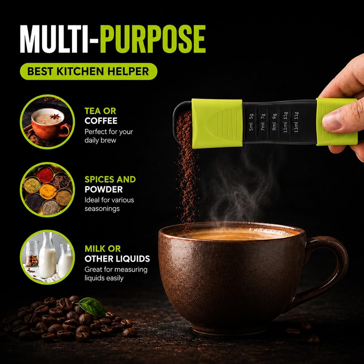 GOCHA Adjustable Measuring Spoon, Double Ended Measuring Scoop, 9-in-1 Measuring Tool, Adjustable Tablespoon & Teaspoon, Precise Scale for Coffee, Spices, Baking, Liquid & Dry Ingredients (Black)
