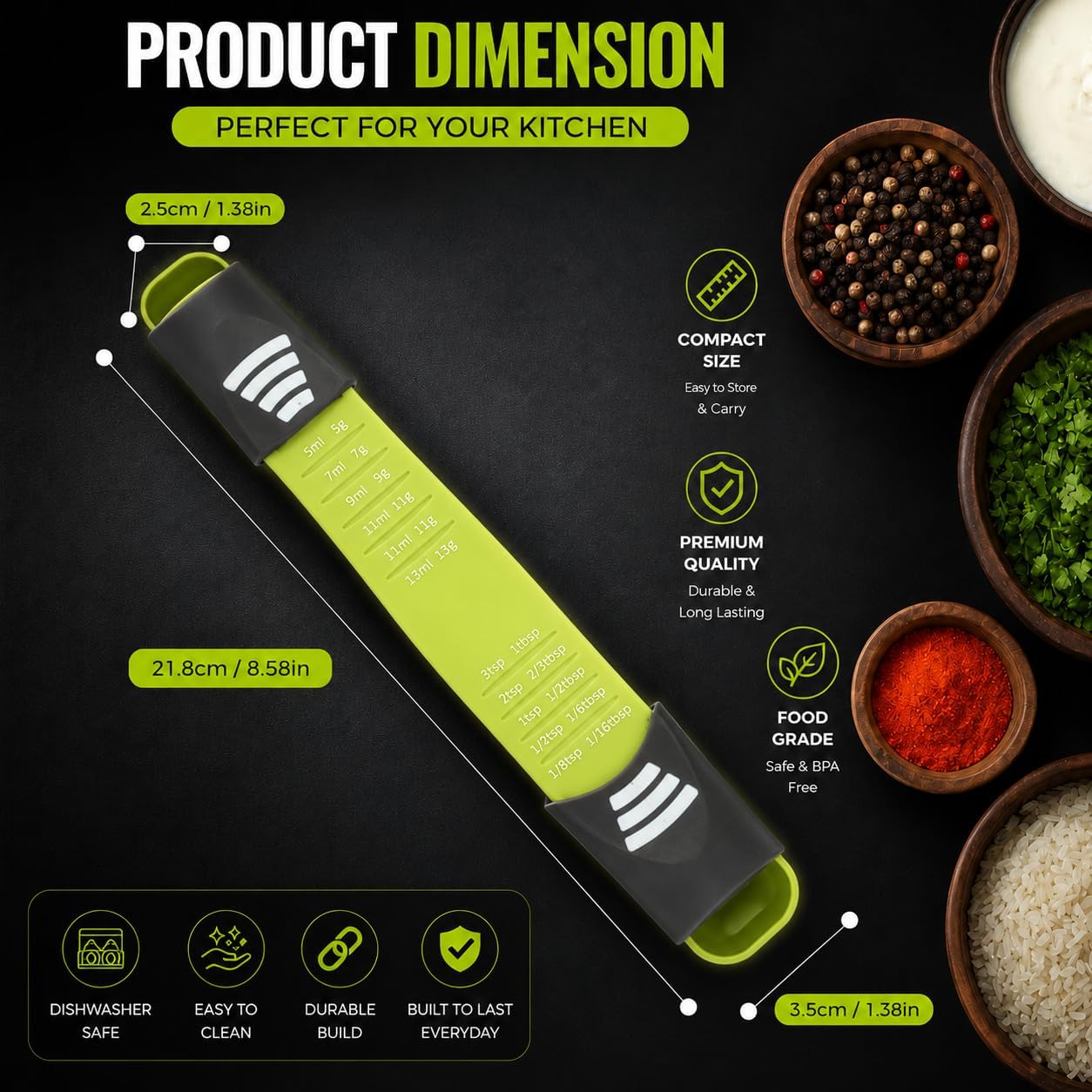 GOCHA Adjustable Measuring Spoon, Double Ended Measuring Scoop, 9-in-1 Measuring Tool, Adjustable Tablespoon & Teaspoon, Precise Scale for Coffee, Spices, Baking, Liquid & Dry Ingredients (Black)