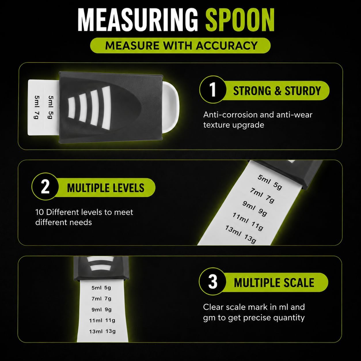 GOCHA Adjustable Measuring Spoon, Double Ended Measuring Scoop, 9-in-1 Measuring Tool, Adjustable Tablespoon & Teaspoon, Precise Scale for Coffee, Spices, Baking, Liquid & Dry Ingredients (Black)