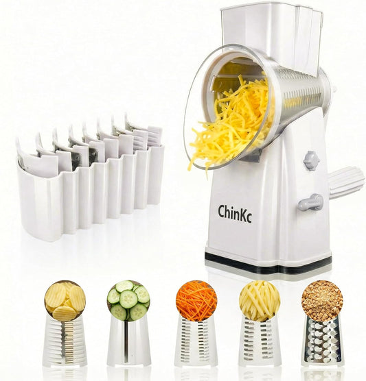 Upgrade Rotary Cheese Grater Shredder with Handle, Strong Suction Base, Multi-purpose Rotary Grater Slicer with 5 Interchangeable Blades for Ice, Vegetables, Fruit, Nuts with Blade Storage Box