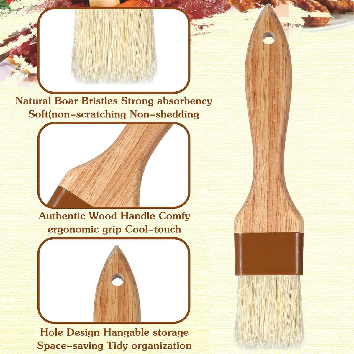 2 Pack Natural Boar Bristle Pastry Basting Brush, 1.5 Inch | Non-Shedding, Heat Resistant, Cooking Brush for Butter Egg Wash Oil Sauce Baking, with Wooden Handle