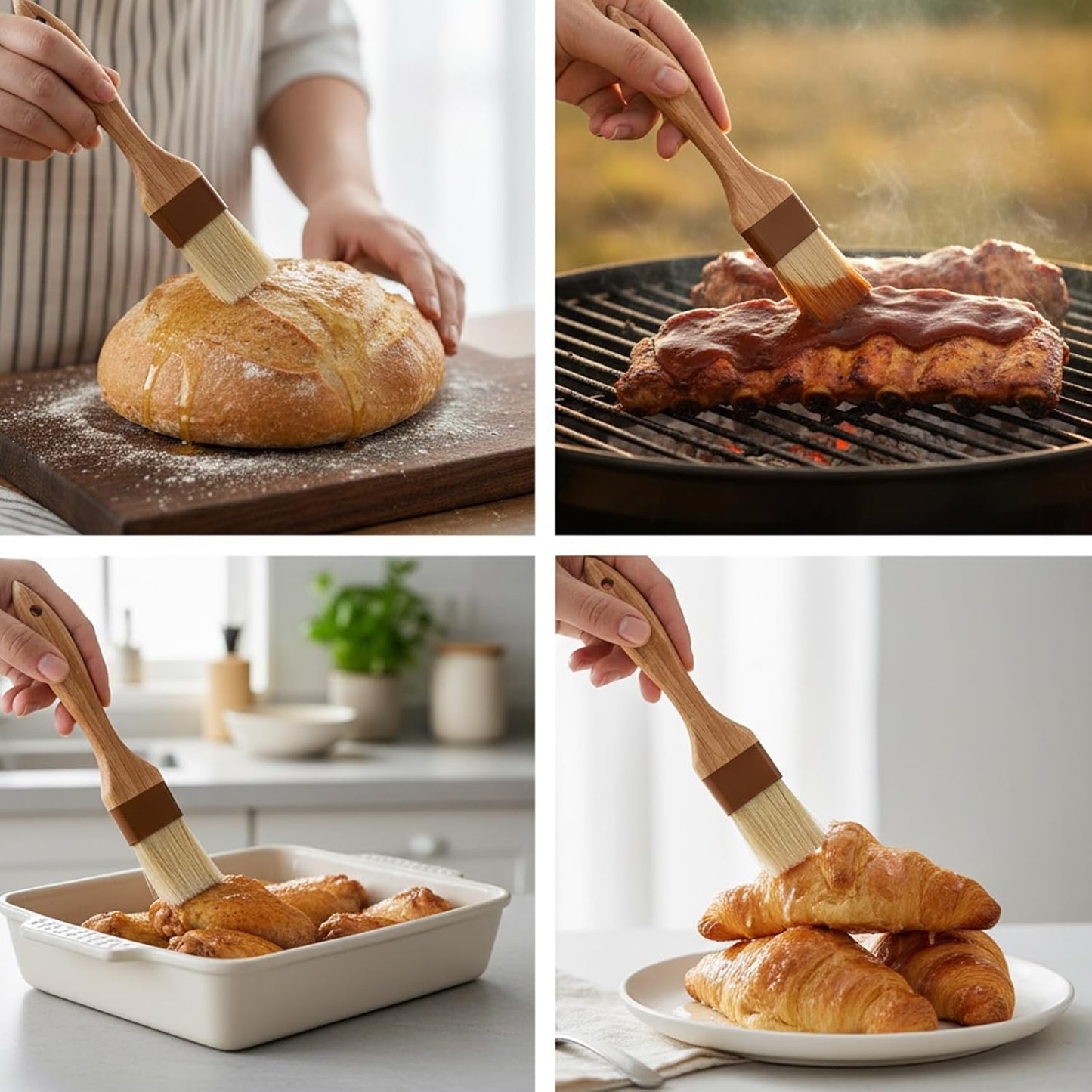 2 Pack Natural Boar Bristle Pastry Basting Brush, 1.5 Inch | Non-Shedding, Heat Resistant, Cooking Brush for Butter Egg Wash Oil Sauce Baking, with Wooden Handle
