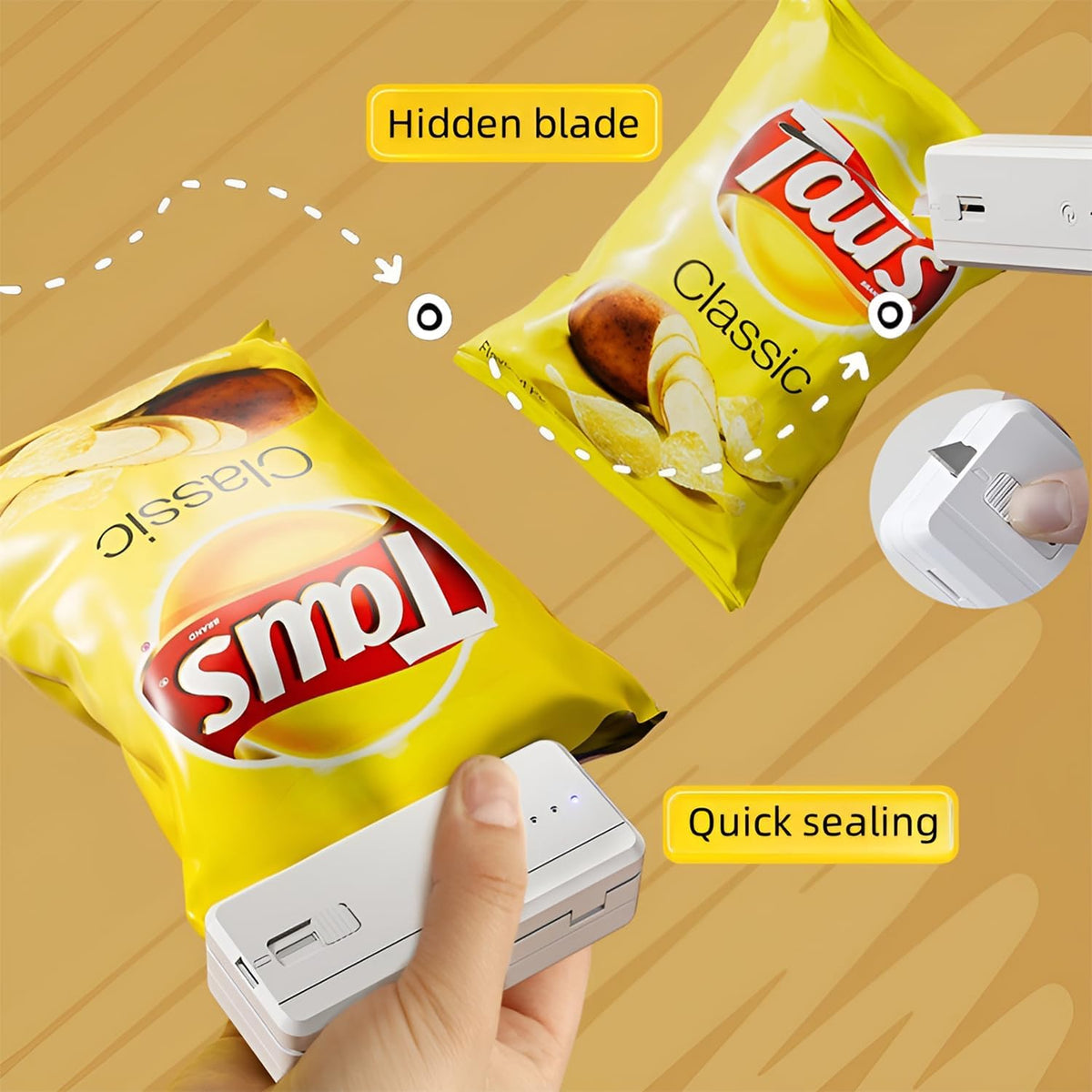Mini Bag Sealer and Cutter magnet 1300mAh Rechargeable Chip Bag Sealer Machine Sealer Portable Heat Sealer Kitchen Food packaging Plastic bag resealer (White)