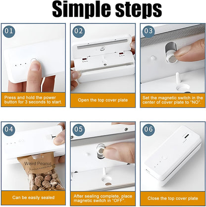 Mini Bag Sealer and Cutter magnet 1300mAh Rechargeable Chip Bag Sealer Machine Sealer Portable Heat Sealer Kitchen Food packaging Plastic bag resealer (White)