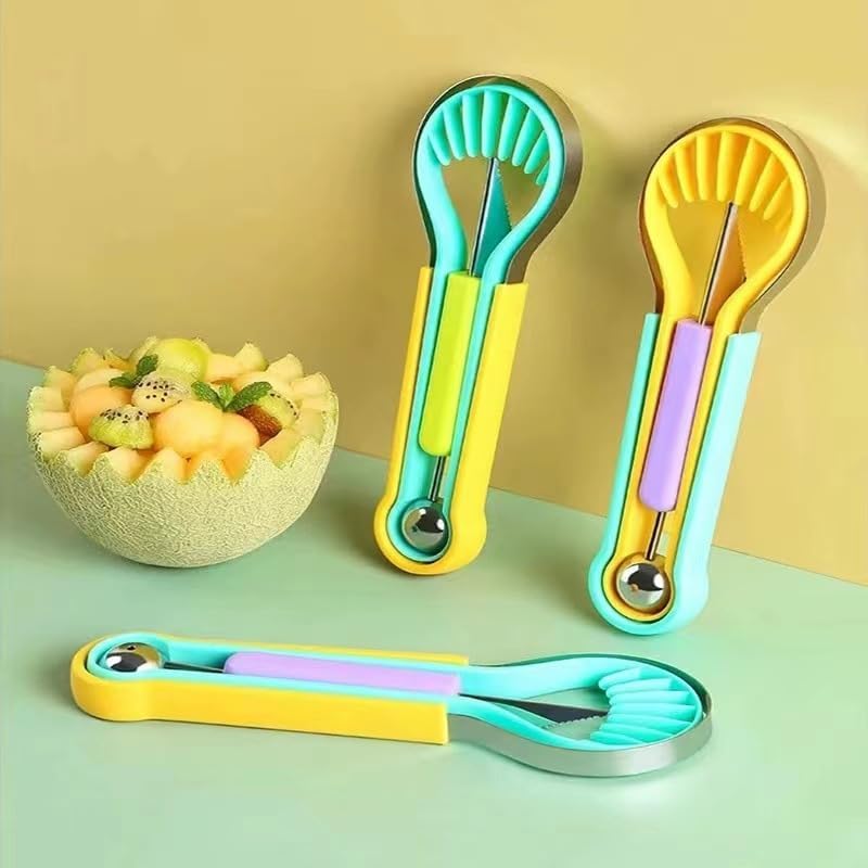 Multifunctional 3-in-1 Fruit Tool, Watermelon Melon Baller Scoop with Carving Knife and Cutter, Colorful Kitchen Gadget