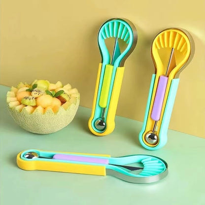 Multifunctional 3-in-1 Fruit Tool, Watermelon Melon Baller Scoop with Carving Knife and Cutter, Colorful Kitchen Gadget