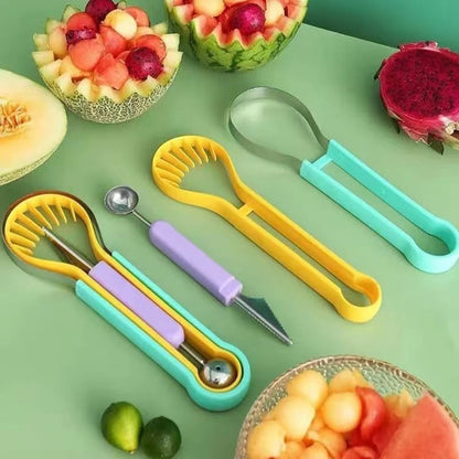 Multifunctional 3-in-1 Fruit Tool, Watermelon Melon Baller Scoop with Carving Knife and Cutter, Colorful Kitchen Gadget