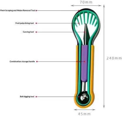 Multifunctional 3-in-1 Fruit Tool, Watermelon Melon Baller Scoop with Carving Knife and Cutter, Colorful Kitchen Gadget