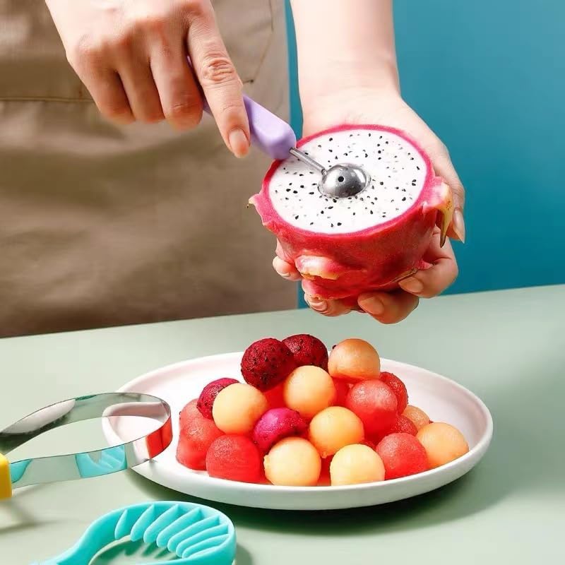 Multifunctional 3-in-1 Fruit Tool, Watermelon Melon Baller Scoop with Carving Knife and Cutter, Colorful Kitchen Gadget