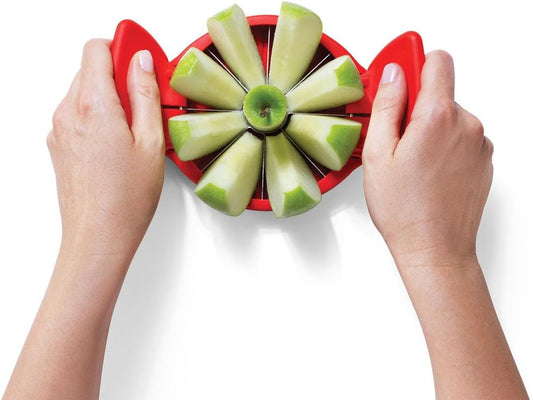Flapple Fold Flat Apple Slicer | Stainless steel blades core and cut fruit into 8 slices, foldable for flat easy storage with integrated safety cover and base