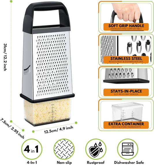 Cheese Grater With Container Box Grater Stainless Steel Graters for Kitchen Cheese Shredder Parmesan Shredder Kitchen Gadgets Kitchen Tools Kitchen Gifts for Chef Dishwasher Safe Zester