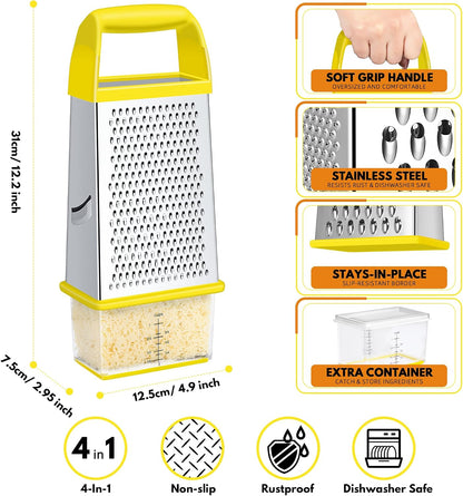 Cheese Grater With Container Box Grater Stainless Steel Graters for Kitchen Cheese Shredder Parmesan Shredder Kitchen Gadgets Kitchen Tools Kitchen Gifts for Chef Dishwasher Safe Zester
