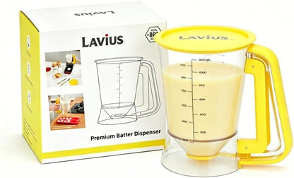 Pancake Batter Dispenser 5-Cup Batter Pourer for Maker Pancakes, Waffles, Crepes, Muffins, Cupcakes, Easy Squeeze Grip Handle with Proof Nozzle, Precise Baking Tools（Yellow）